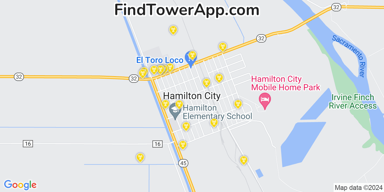 AT&T 4G/5G cell tower coverage map Hamilton City, California
