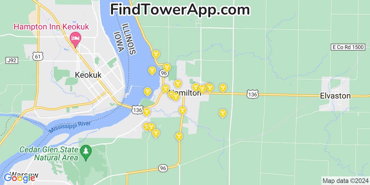 Verizon 4G/5G cell tower coverage map Hamilton, Illinois