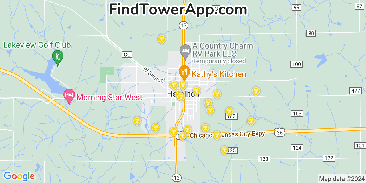 Verizon 4G/5G cell tower coverage map Hamilton, Missouri