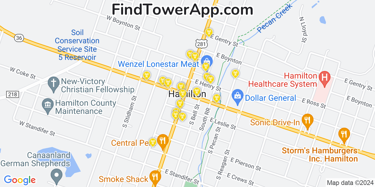 AT&T 4G/5G cell tower coverage map Hamilton, Texas