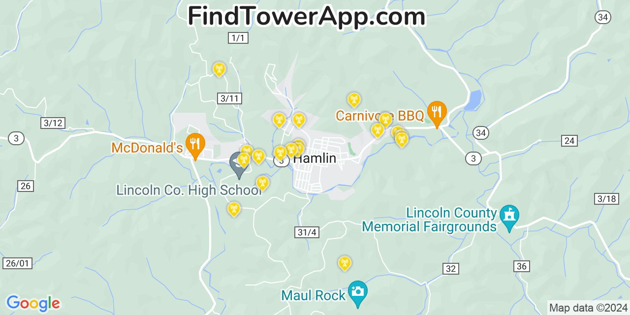 AT&T 4G/5G cell tower coverage map Hamlin, West Virginia