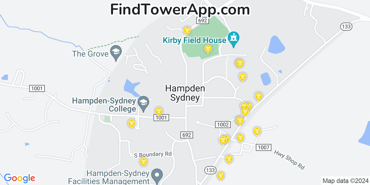 Verizon 4G/5G cell tower coverage map Hampden Sydney, Virginia