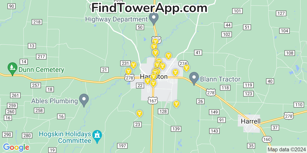 AT&T 4G/5G cell tower coverage map Hampton, Arkansas