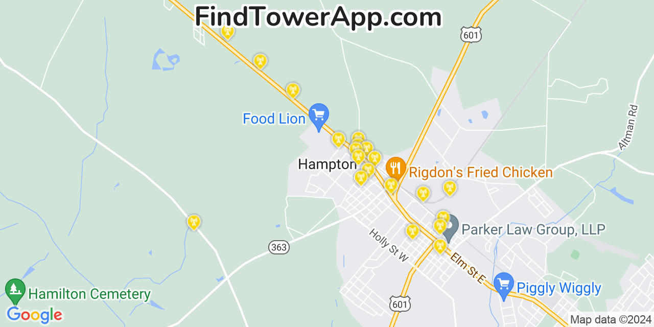 AT&T 4G/5G cell tower coverage map Hampton, South Carolina