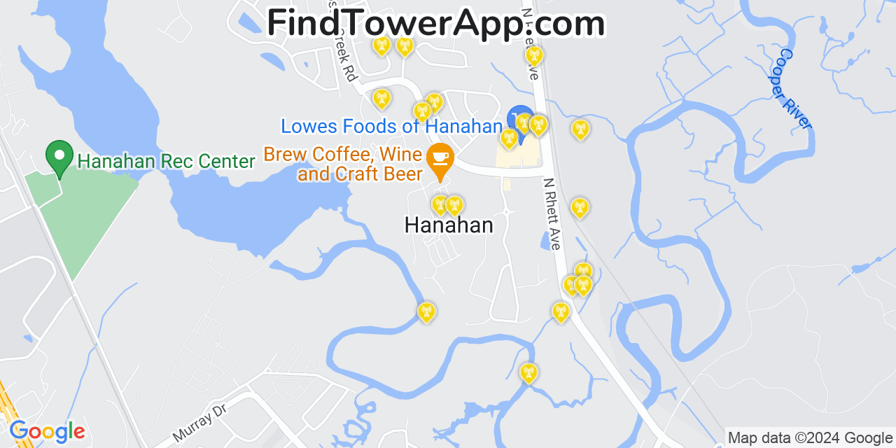 AT&T 4G/5G cell tower coverage map Hanahan, South Carolina