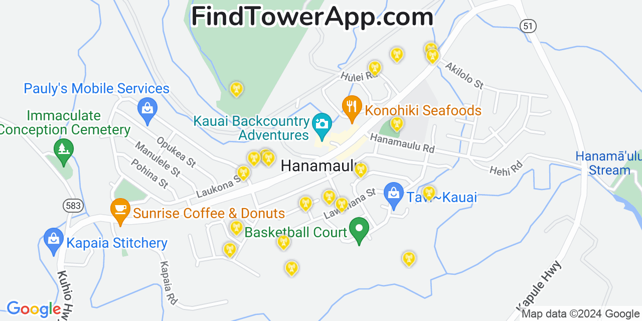 AT&T 4G/5G cell tower coverage map Hanamā‘ulu, Hawaii
