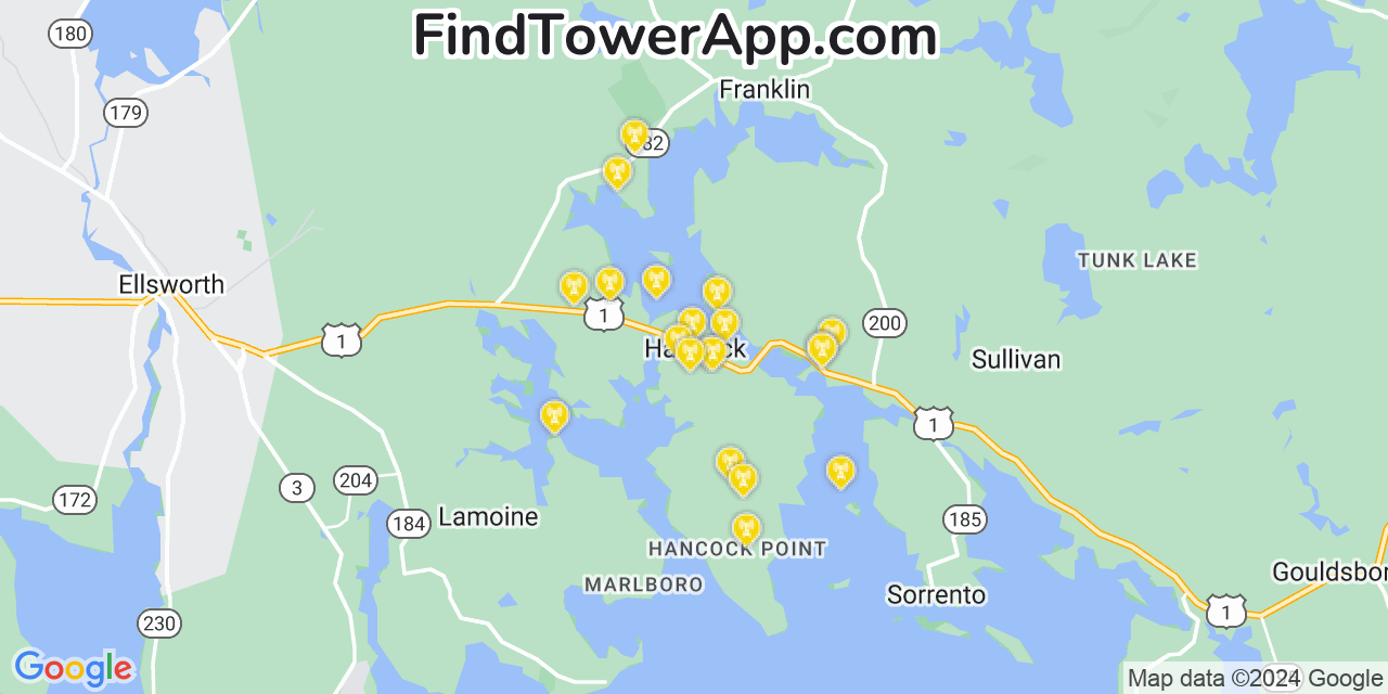 AT&T 4G/5G cell tower coverage map Hancock, Maine