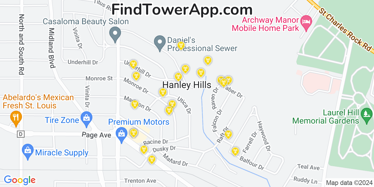 AT&T 4G/5G cell tower coverage map Hanley Hills, Missouri