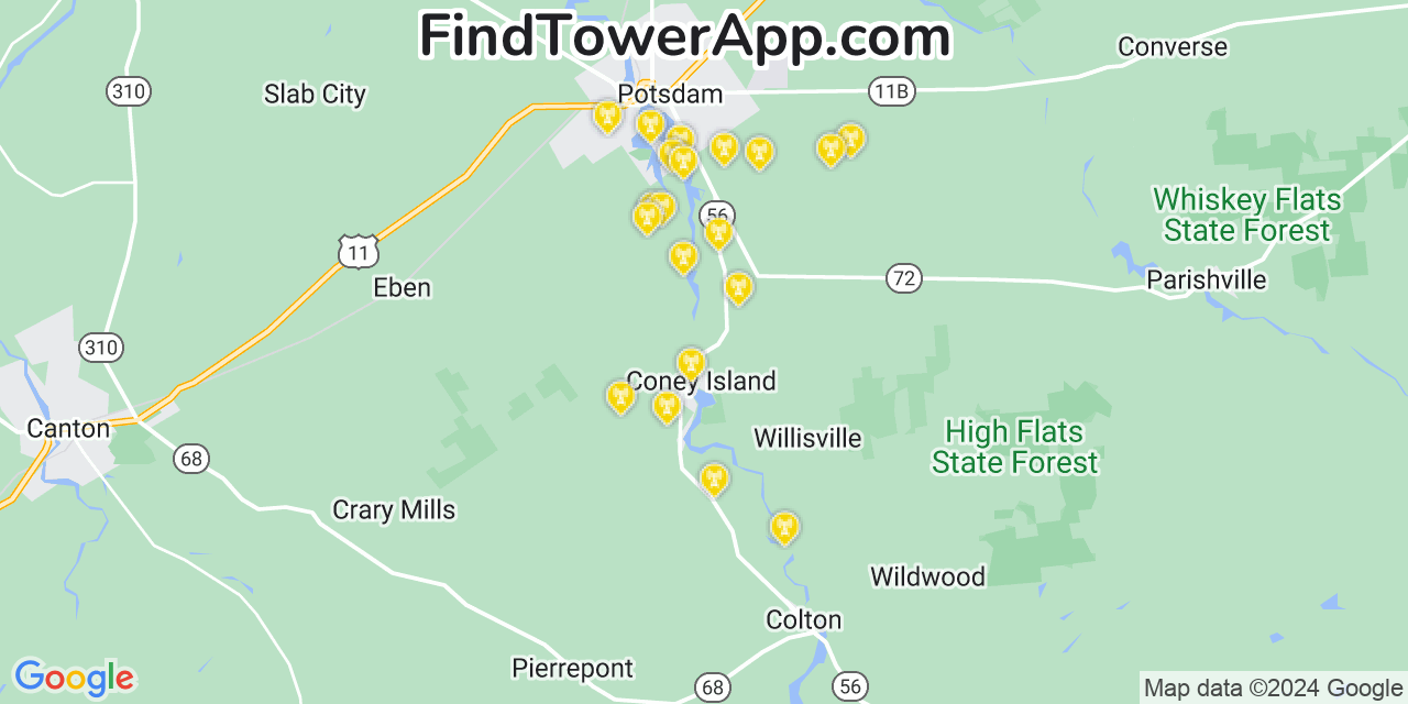 AT&T 4G/5G cell tower coverage map Hannawa Falls, New York