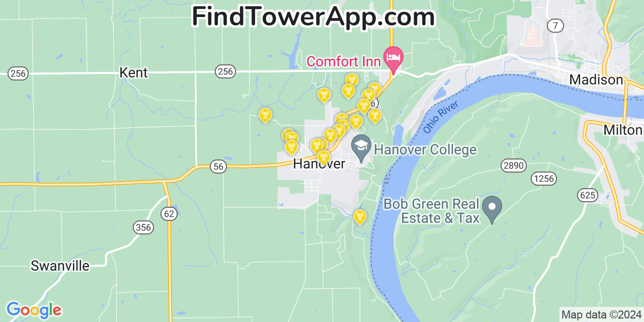 AT&T 4G/5G cell tower coverage map Hanover, Indiana