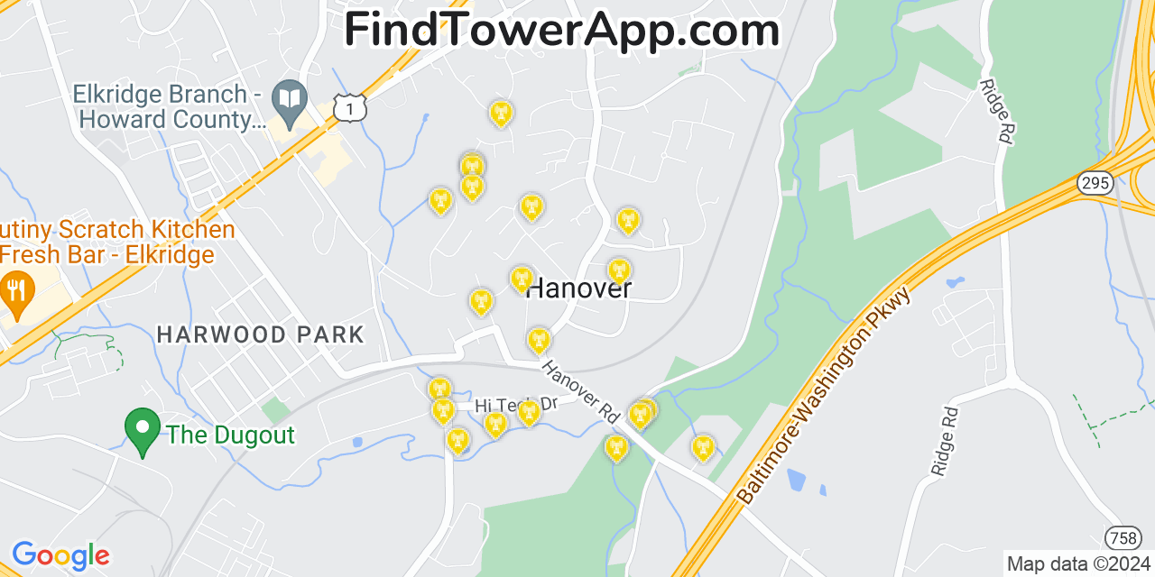 AT&T 4G/5G cell tower coverage map Hanover, Maryland