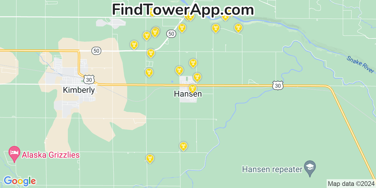 AT&T 4G/5G cell tower coverage map Hansen, Idaho
