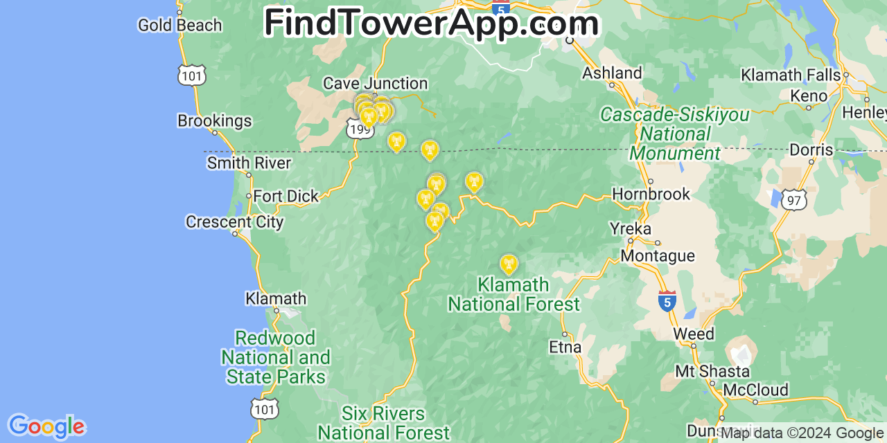 Verizon 4G/5G cell tower coverage map Happy Camp, California
