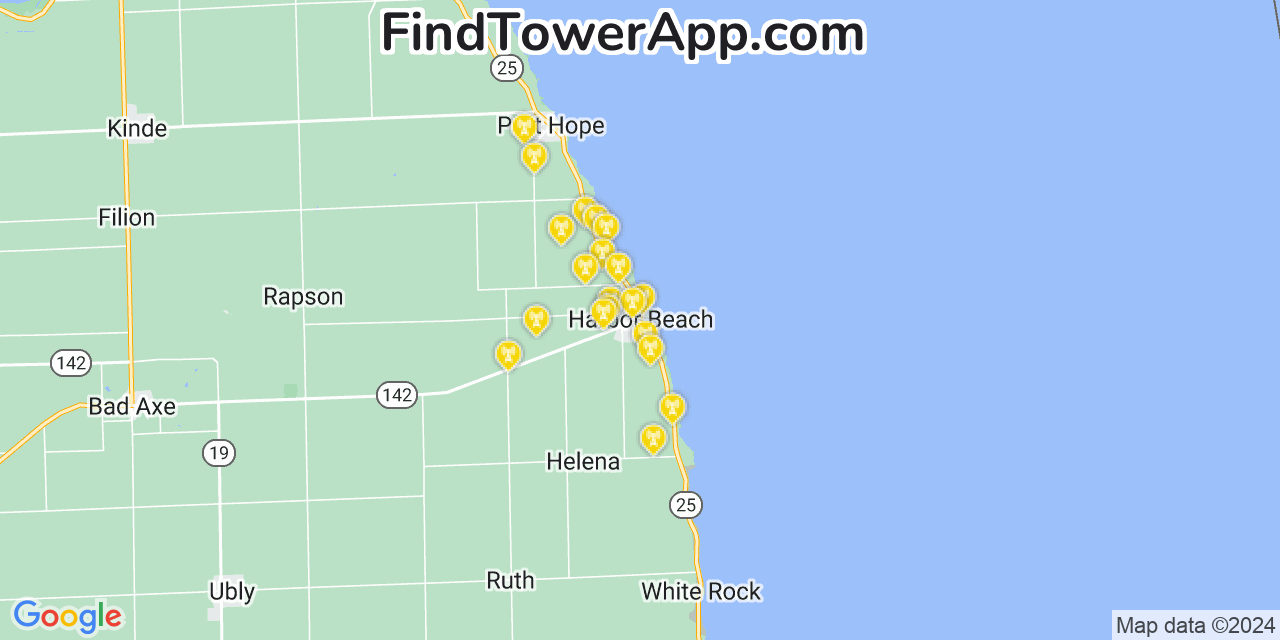 AT&T 4G/5G cell tower coverage map Harbor Beach, Michigan