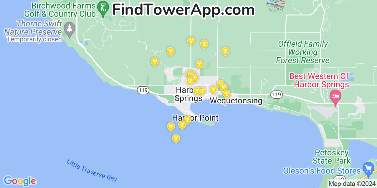 AT&T 4G/5G cell tower coverage map Harbor Springs, Michigan