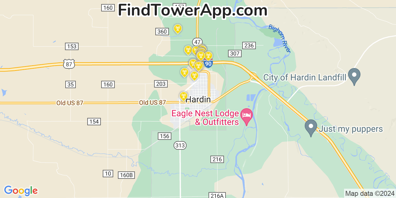 AT&T 4G/5G cell tower coverage map Hardin, Montana