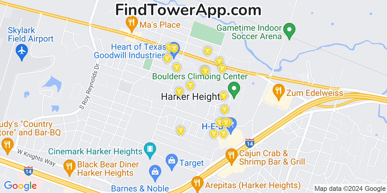AT&T 4G/5G cell tower coverage map Harker Heights, Texas
