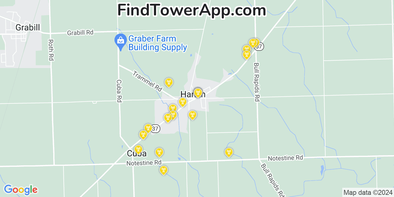 AT&T 4G/5G cell tower coverage map Harlan, Indiana