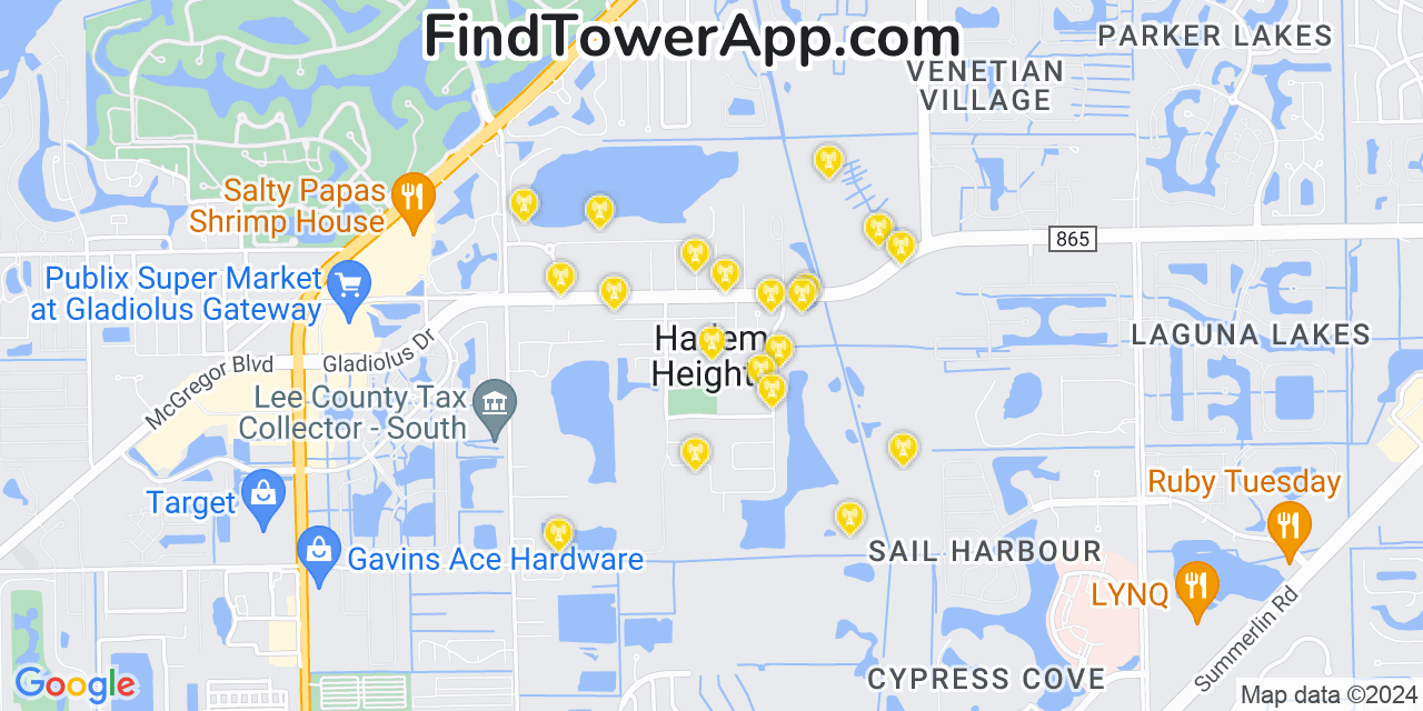 AT&T 4G/5G cell tower coverage map Harlem Heights, Florida
