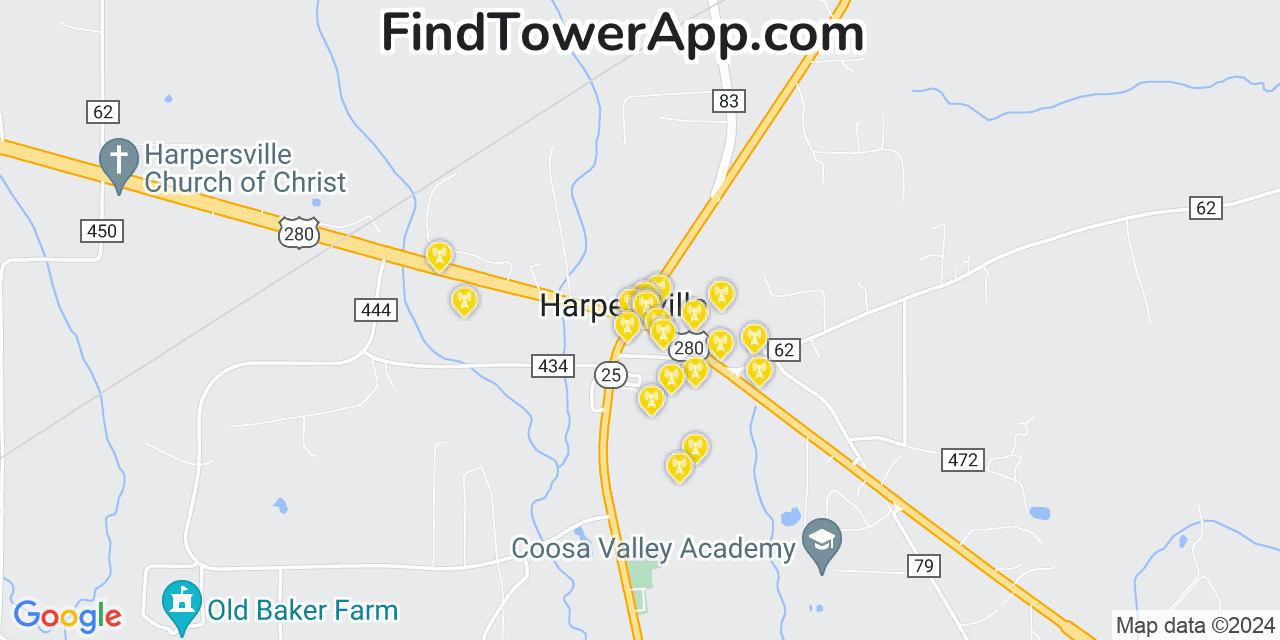 AT&T 4G/5G cell tower coverage map Harpersville, Alabama