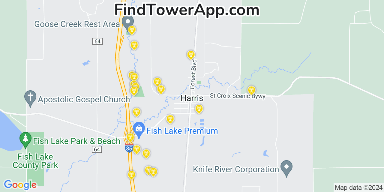 AT&T 4G/5G cell tower coverage map Harris, Minnesota