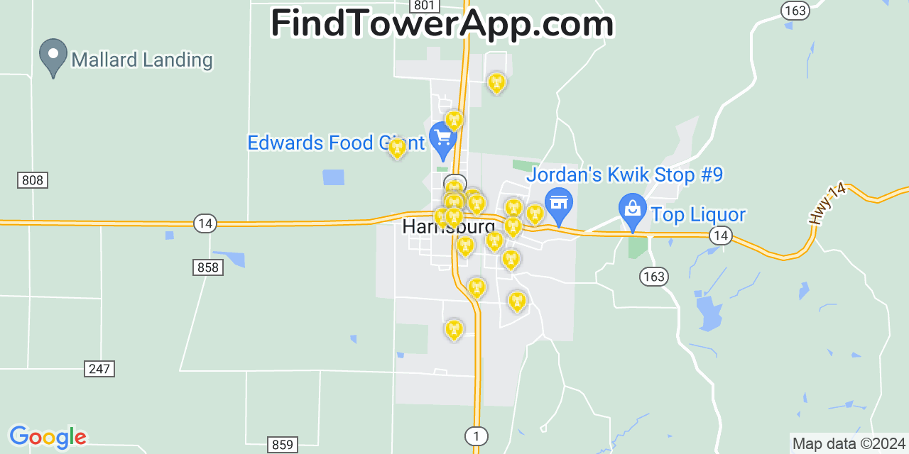 AT&T 4G/5G cell tower coverage map Harrisburg, Arkansas
