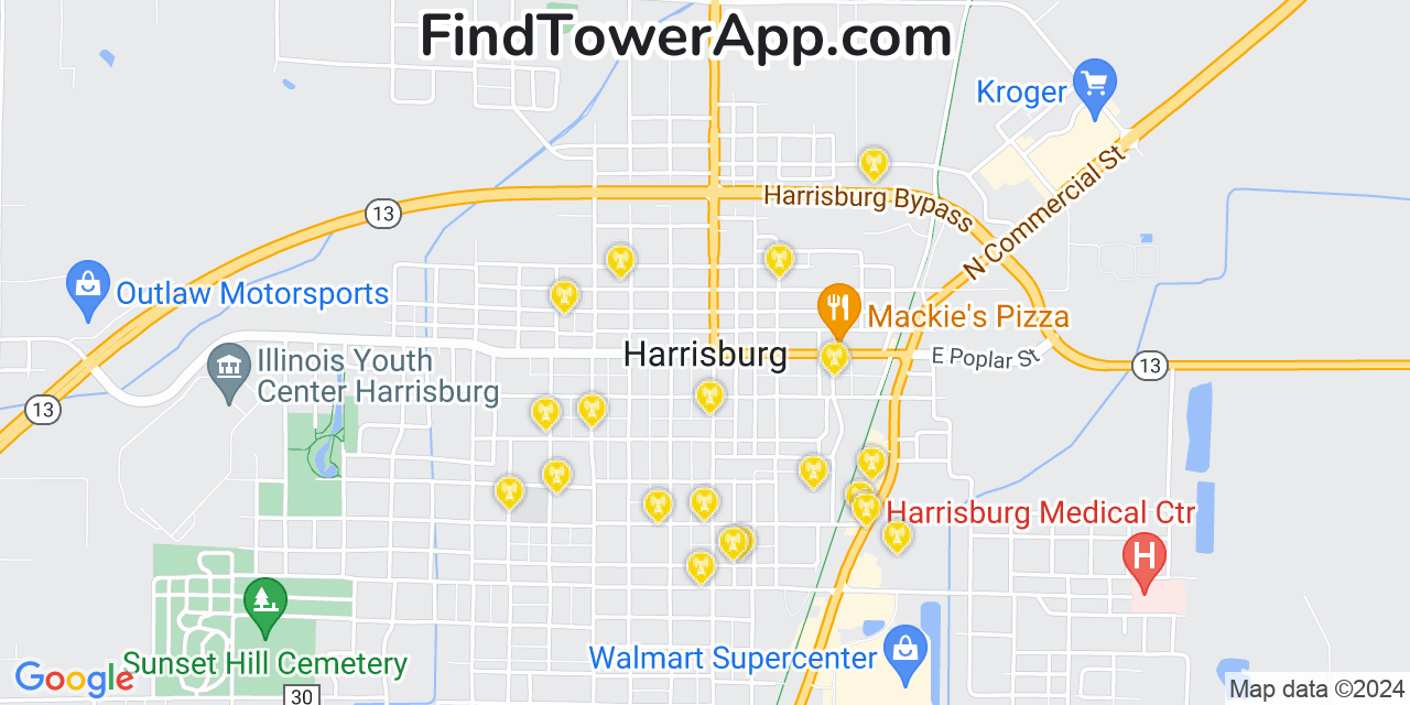 AT&T 4G/5G cell tower coverage map Harrisburg, Illinois