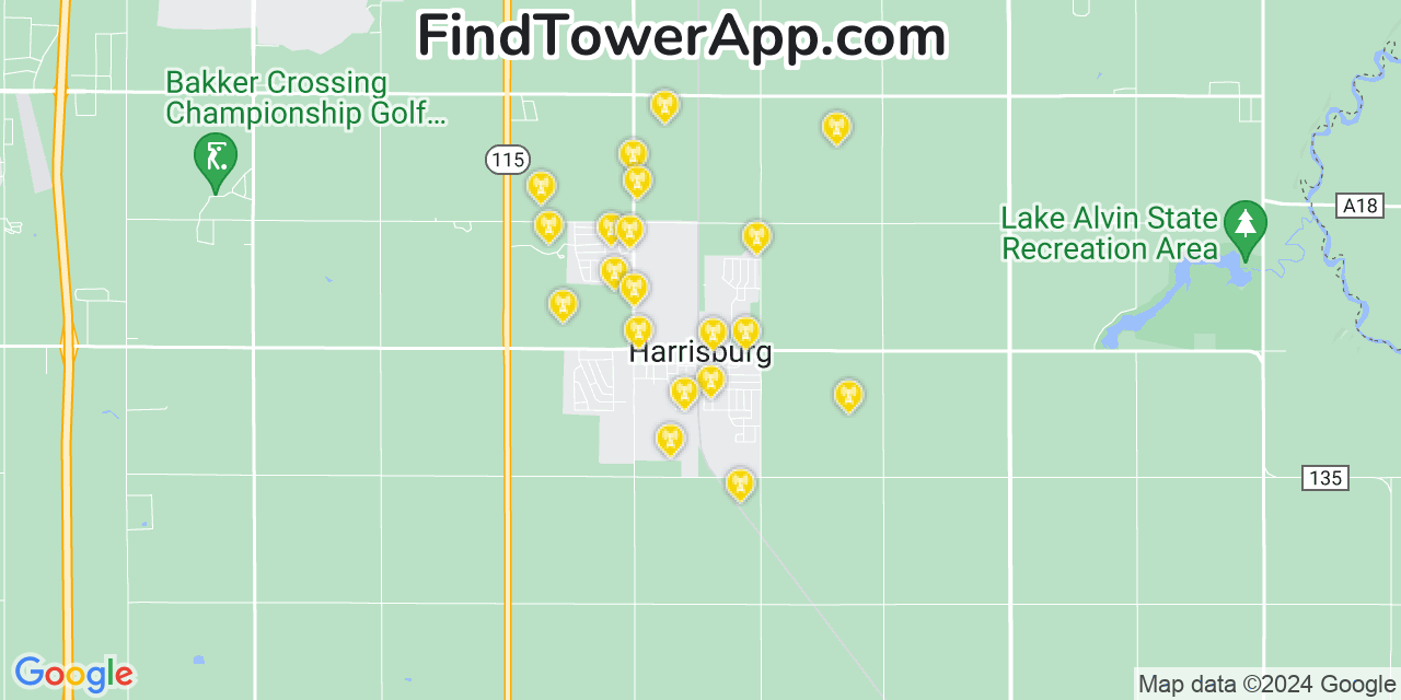 AT&T 4G/5G cell tower coverage map Harrisburg, South Dakota