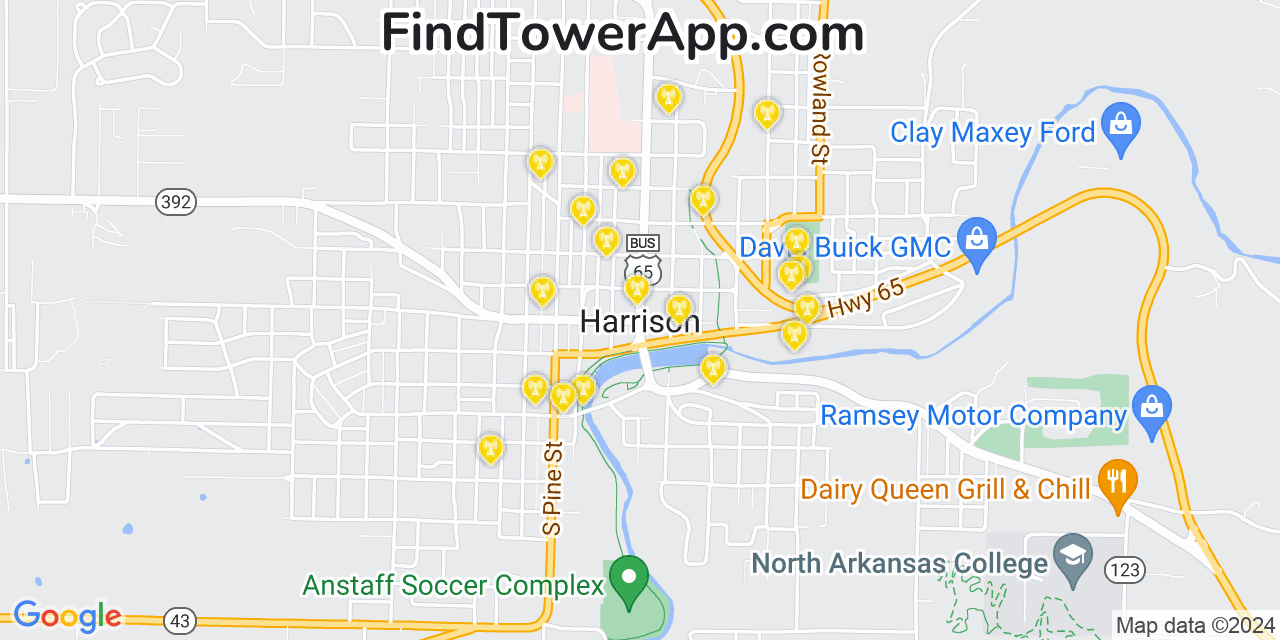 AT&T 4G/5G cell tower coverage map Harrison, Arkansas