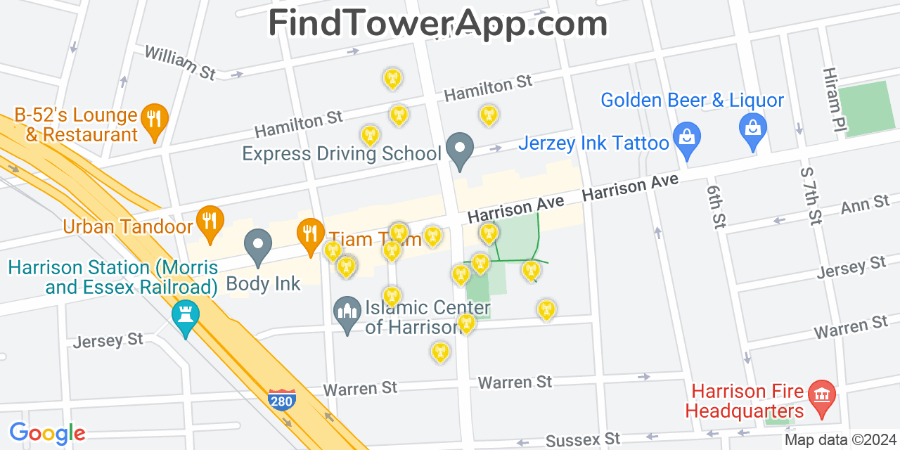 AT&T 4G/5G cell tower coverage map Harrison, New Jersey