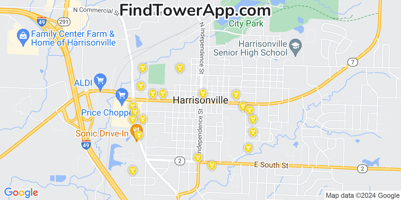 AT&T 4G/5G cell tower coverage map Harrisonville, Missouri