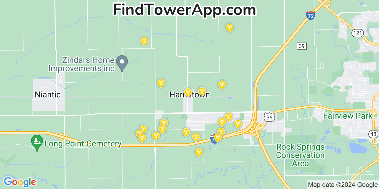 Verizon 4G/5G cell tower coverage map Harristown, Illinois