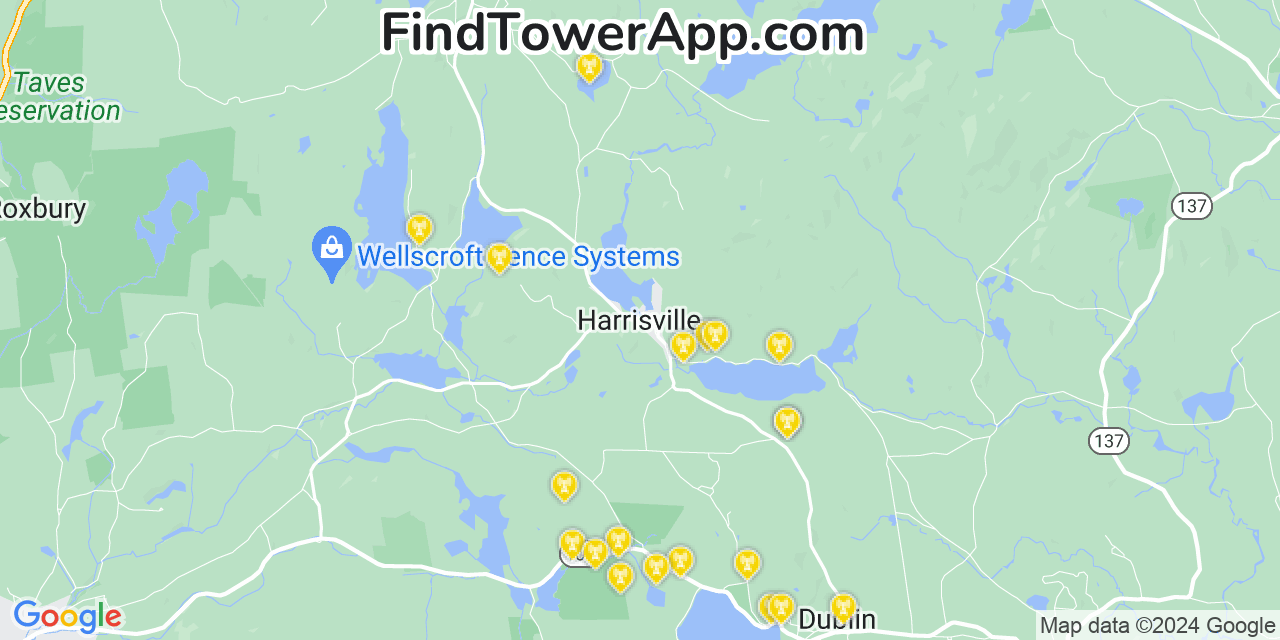 AT&T 4G/5G cell tower coverage map Harrisville, New Hampshire