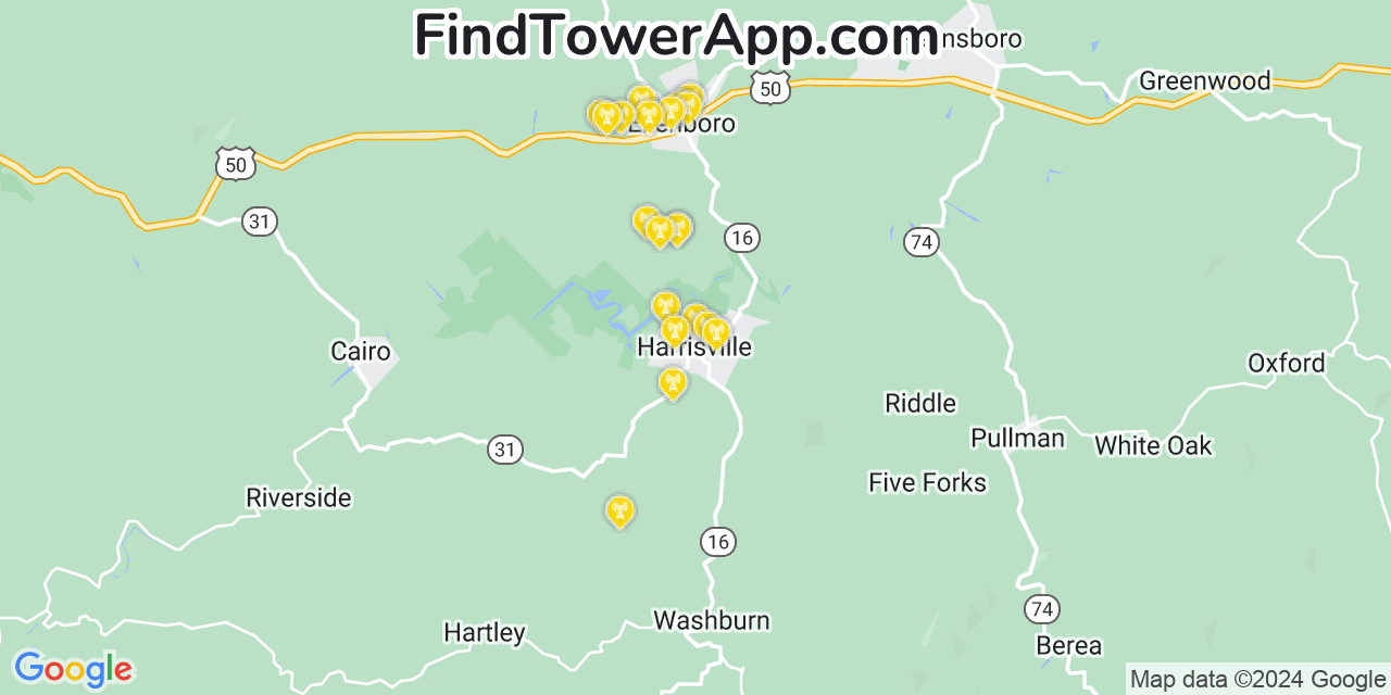 AT&T 4G/5G cell tower coverage map Harrisville, West Virginia