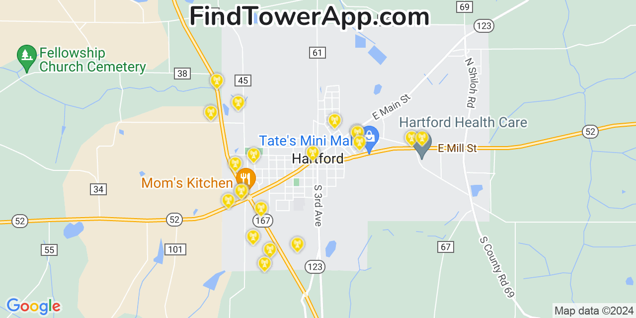AT&T 4G/5G cell tower coverage map Hartford, Alabama