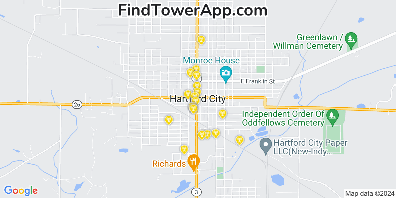 AT&T 4G/5G cell tower coverage map Hartford City, Indiana