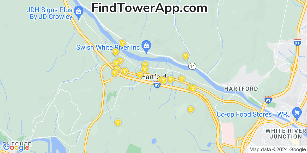 Verizon 4G/5G cell tower coverage map Hartford, Vermont