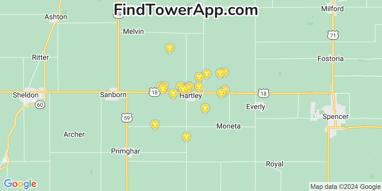 AT&T 4G/5G cell tower coverage map Hartley, Iowa