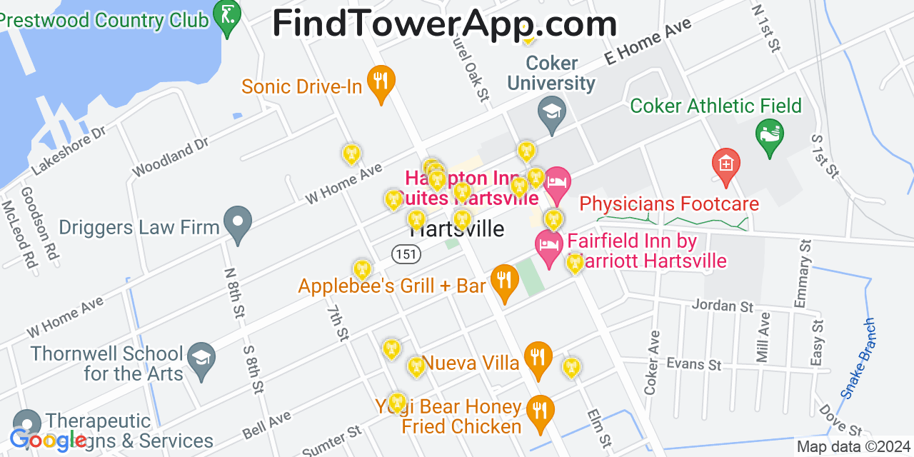 AT&T 4G/5G cell tower coverage map Hartsville, South Carolina