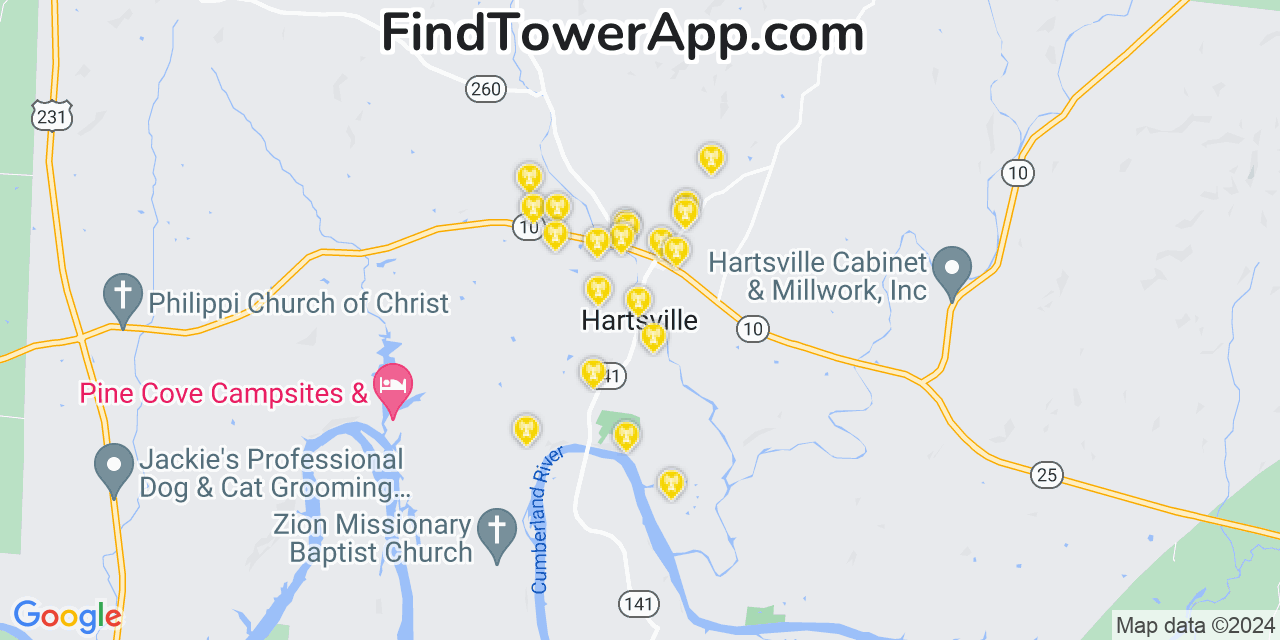 AT&T 4G/5G cell tower coverage map Hartsville, Tennessee