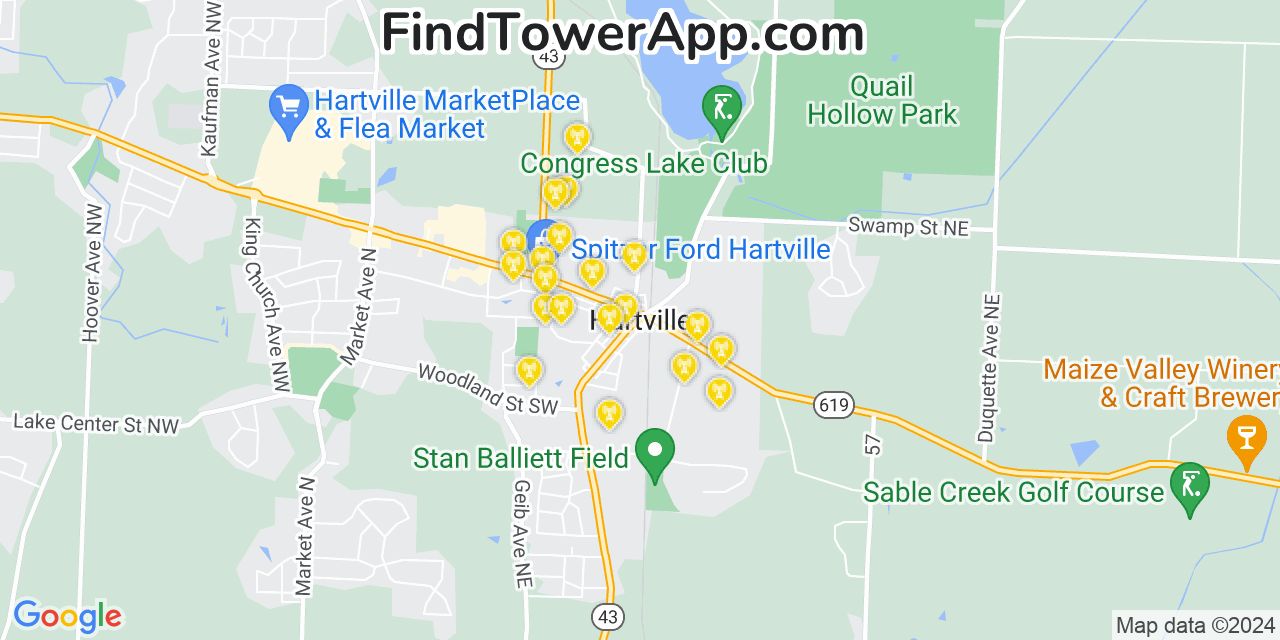 AT&T 4G/5G cell tower coverage map Hartville, Ohio
