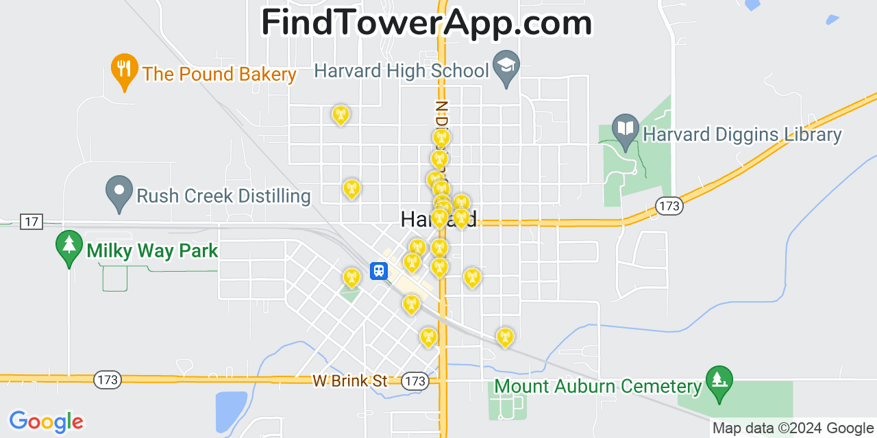 AT&T 4G/5G cell tower coverage map Harvard, Illinois