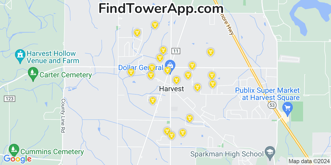 AT&T 4G/5G cell tower coverage map Harvest, Alabama
