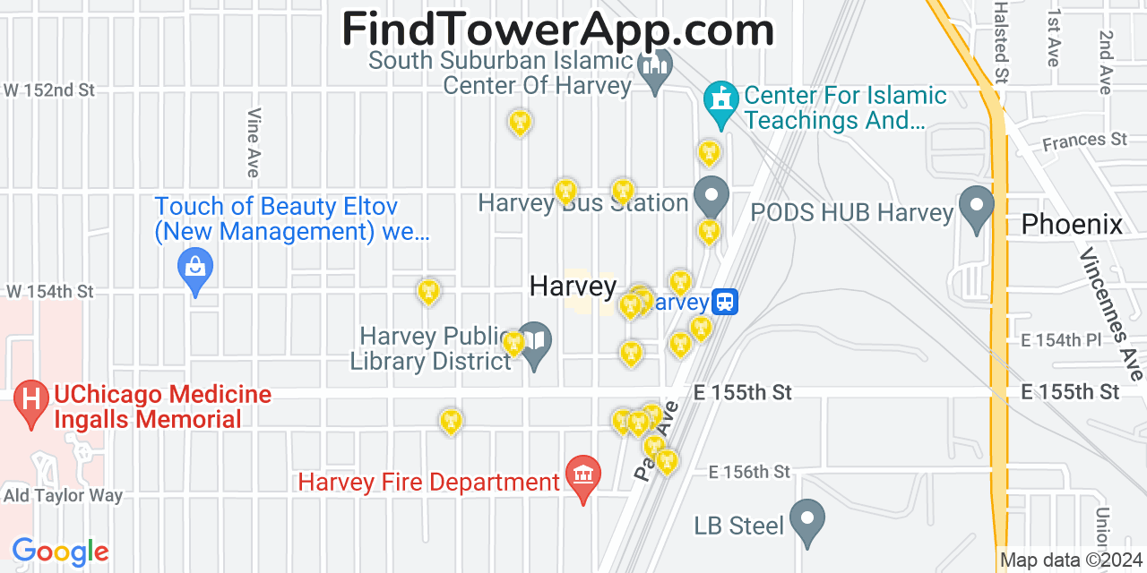 AT&T 4G/5G cell tower coverage map Harvey, Illinois