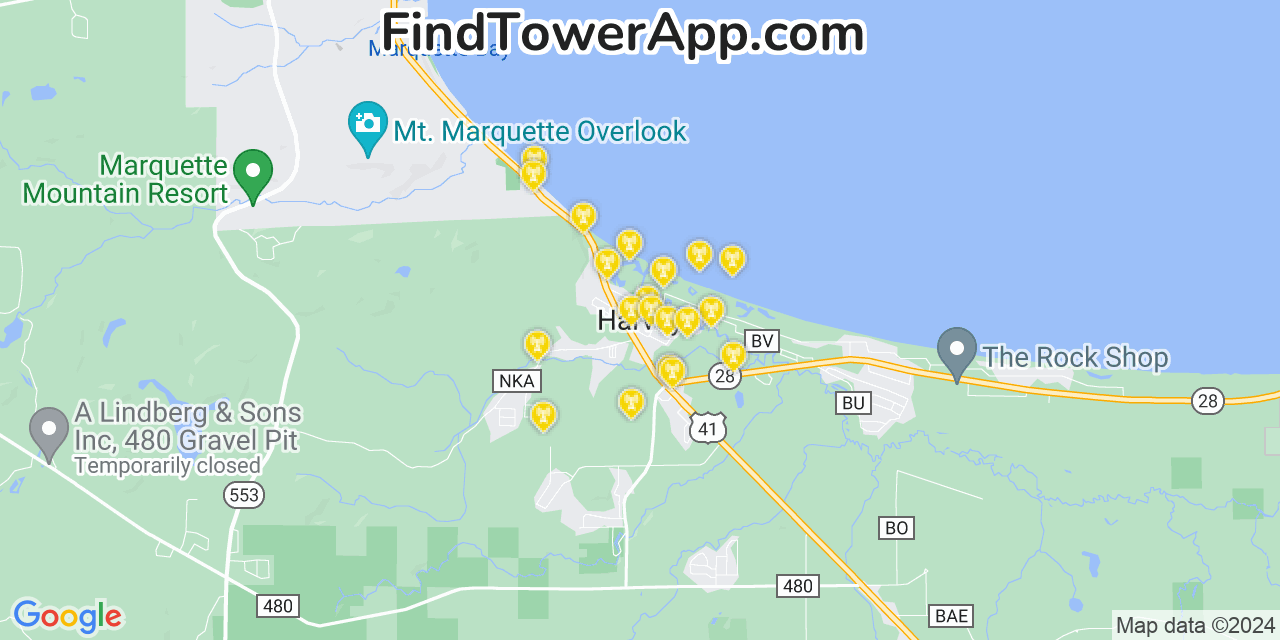 AT&T 4G/5G cell tower coverage map Harvey, Michigan