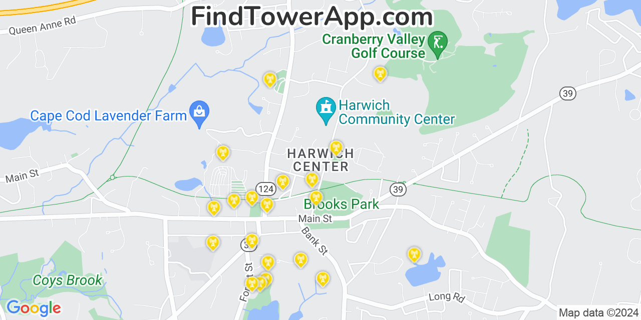 AT&T 4G/5G cell tower coverage map Harwich Center, Massachusetts