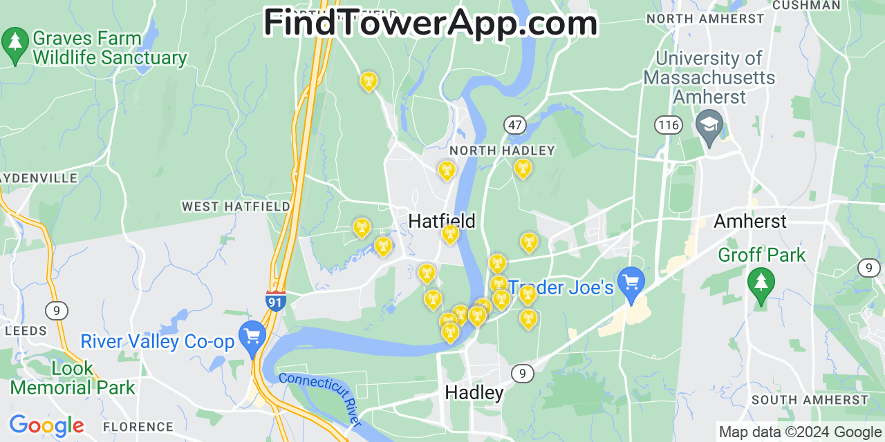 AT&T 4G/5G cell tower coverage map Hatfield, Massachusetts