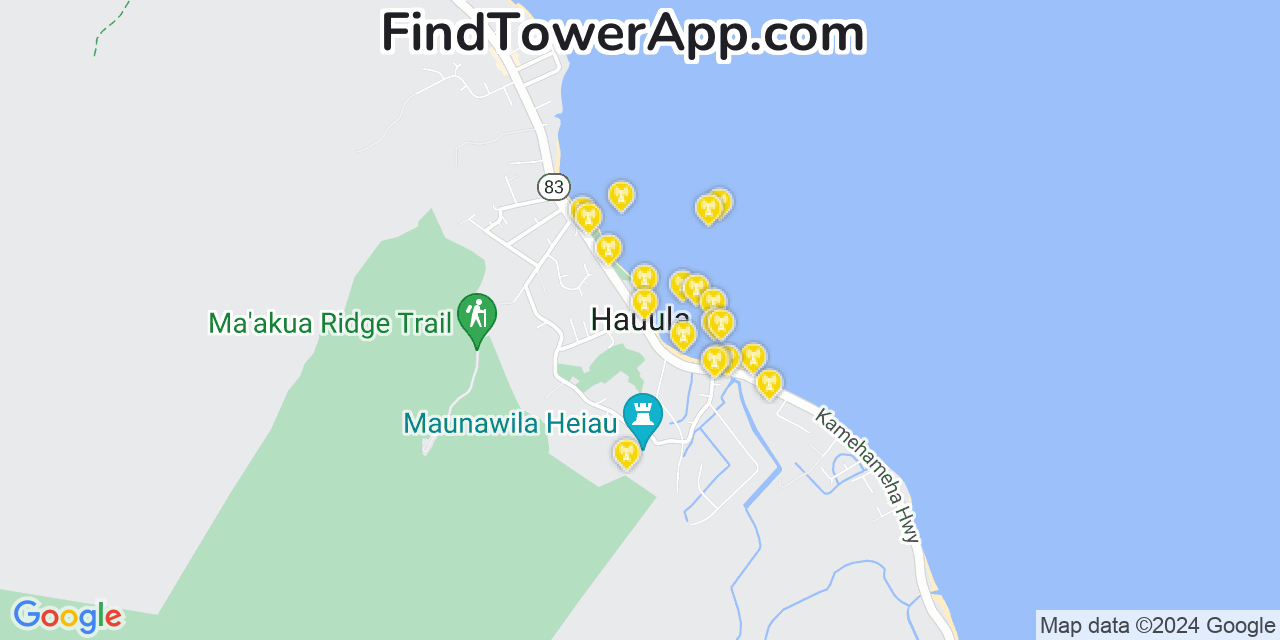 AT&T 4G/5G cell tower coverage map Hau‘ula, Hawaii