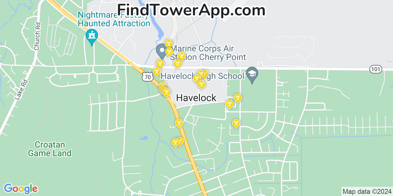 AT&T 4G/5G cell tower coverage map Havelock, North Carolina