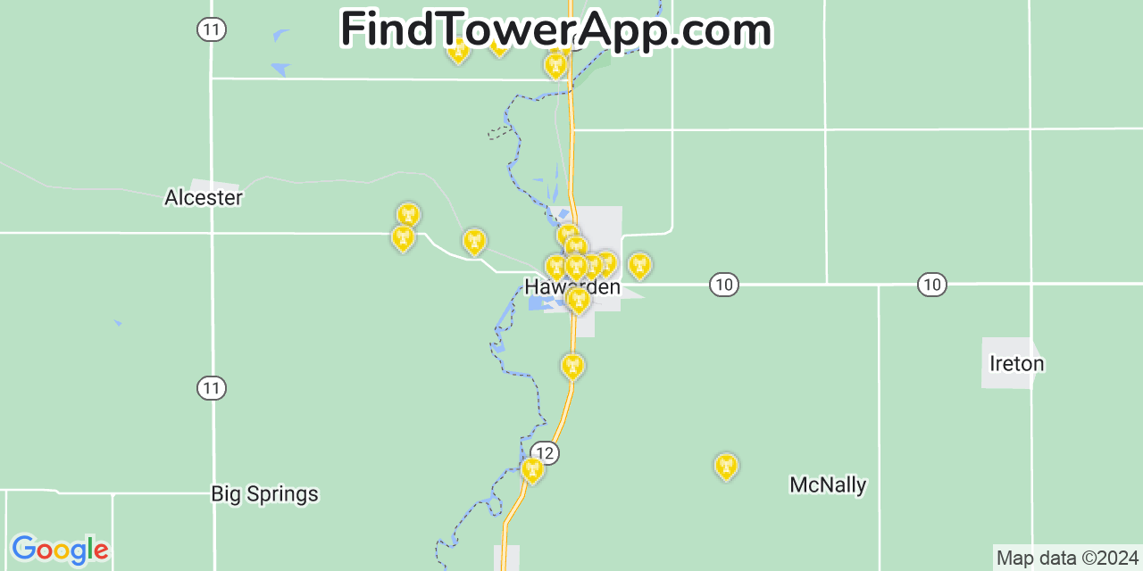 AT&T 4G/5G cell tower coverage map Hawarden, Iowa